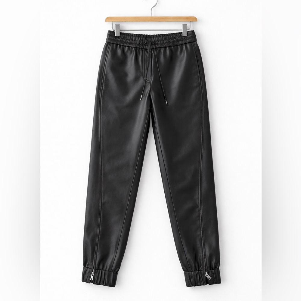 Marc Cain Black Faux Leather Jogger Pants Elastic Waist Zip Ankle